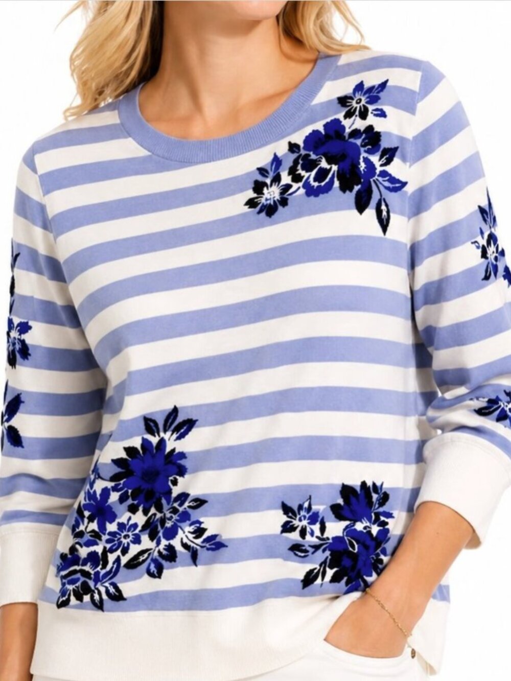 Talbots Blue White Floral Stripe Cotton Sweater 3/4 Sleeve Pullover M